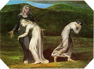 Image reveals William Blake's depiction of Naomi entreating Ruth and Orpah to come back on land of Moab.